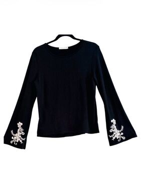 Redhaute Chic Black Long-Sleeve Top with White Embroidered Split Cuffs Size S